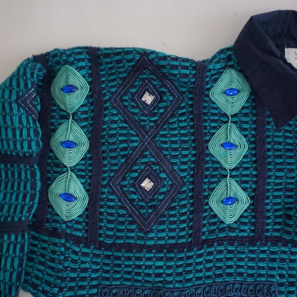 Vintage Bonnie Blue Teal Geometric Beaded Collared Button Front Sweater L - Picture 5 of 11